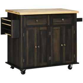 Rolling Kitchen Cart, Brown Oak with Rubberwood Top, Spice Rack, Towel Rack, and Drawers