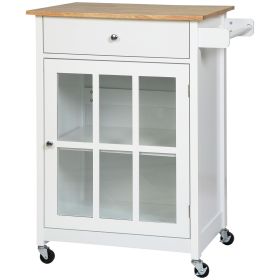 Mobile Kitchen Trolley, White, Elegant Glass Panel Door, Metallic Grip, Towel Holder, Versatile Use