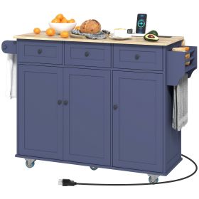 Kitchen Island on Wheels with Drop Leaf, Charging Station, Rolling Kitchen Cart with Wood Top, Adjustable Shelf, Blue