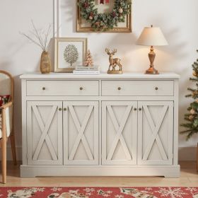 Vintage White Sideboard with Two Drawers and Four Doors for Living Room, Bedroom, and Kitchen, Room Storage Cabinet, Vintage White