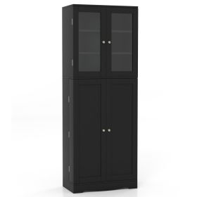 Tall Kitchen Pantry Cabinet with Dual Tempered Glass Doors and Shelves