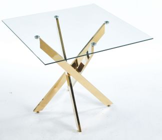 Dining Table with cross metal leg and tempered glass,Modern Space Saving Kitchen Table for Living Room,chrome legs,Square table,golden legs