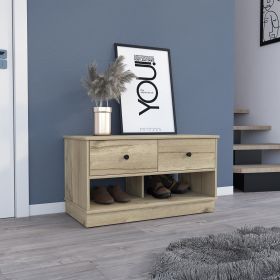 Storage Bench Beji, Lower Shelf, Two Drawers, Light Oak Finish