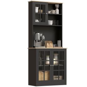 Kitchen Pantry Storage Cabinet, 72" Freestanding Cabinet with Hutch, Large Countertop, Glass Doors and Adjustable Shelves for Dining Room, Black