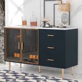 Modern Sideboard MDF Buffet Cabinet Marble Sticker Tabletop and Amber-yellow Tempered Glass Doors with Gold Metal Legs & Handles (Color: Navy Blue, Material: MDF+glass)